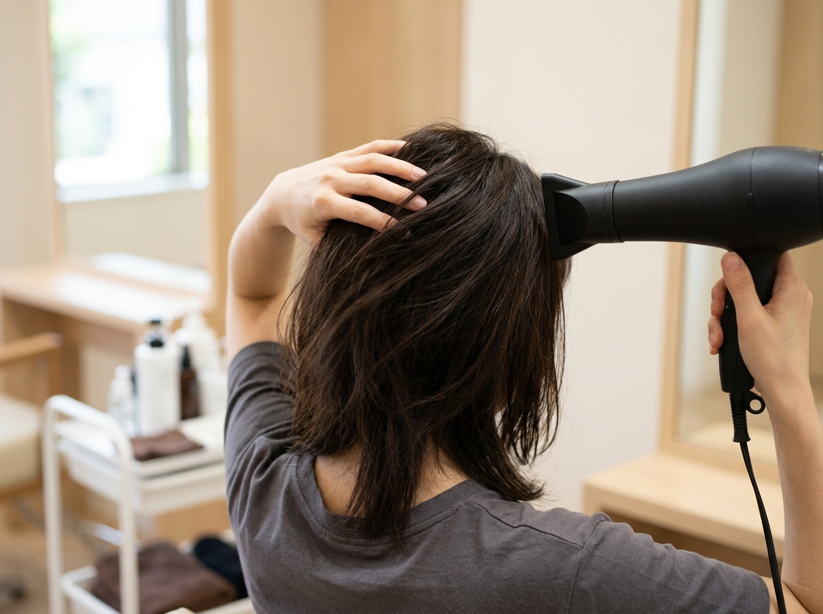 トップがぺたんこにならないよう根元を左右へ動かして乾かす方法