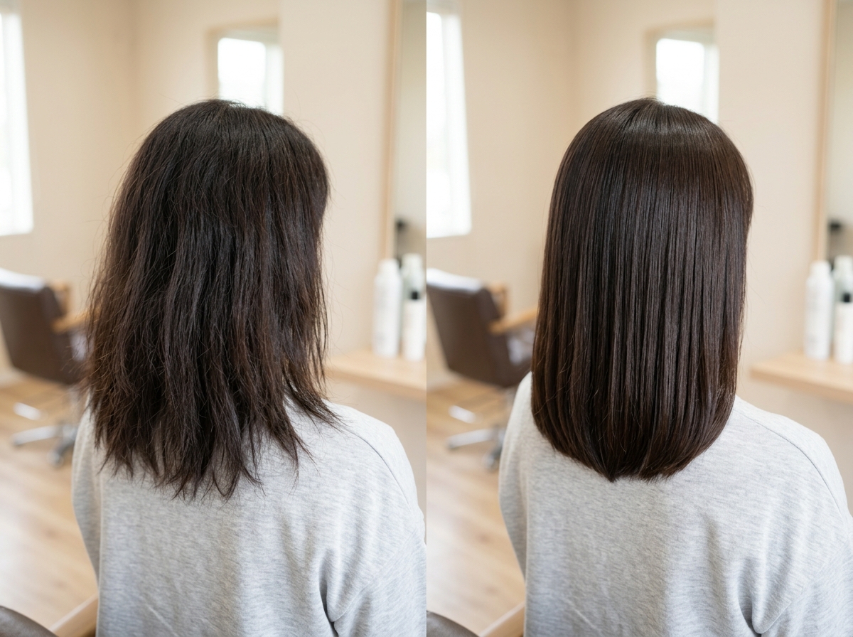 毛先を整える前と後で髪のまとまりを比較した大人女性のヘアスタイル