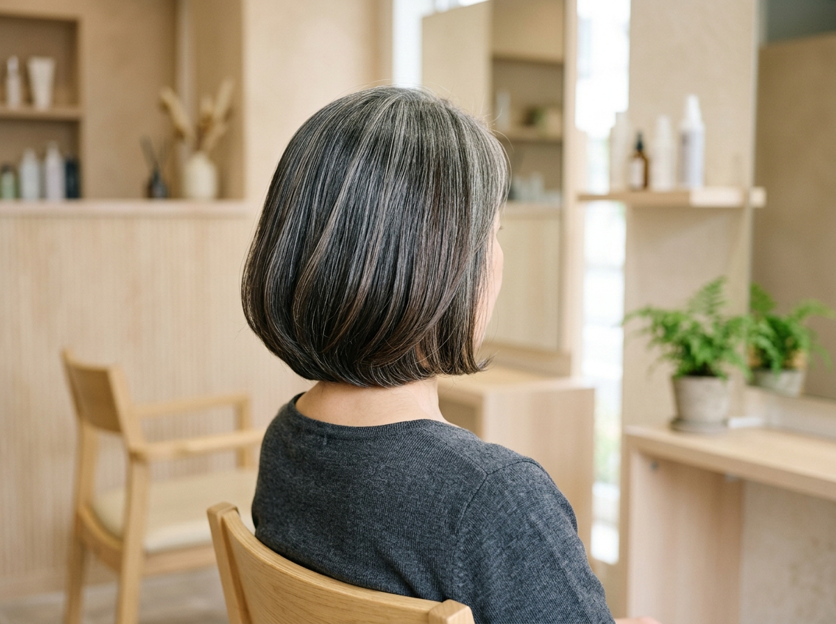 白髪を自然になじませツヤを整えた大人女性のヘアカラー仕上がり