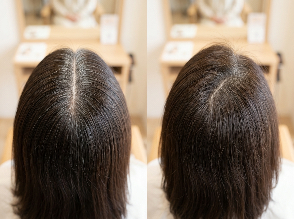 白髪が目立ちにくくなるよう分け目を少しずらした大人女性の髪