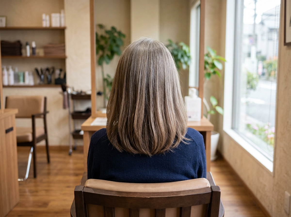 白髪染めの頻度を減らしやすい自然な明るさの大人女性ヘアカラー