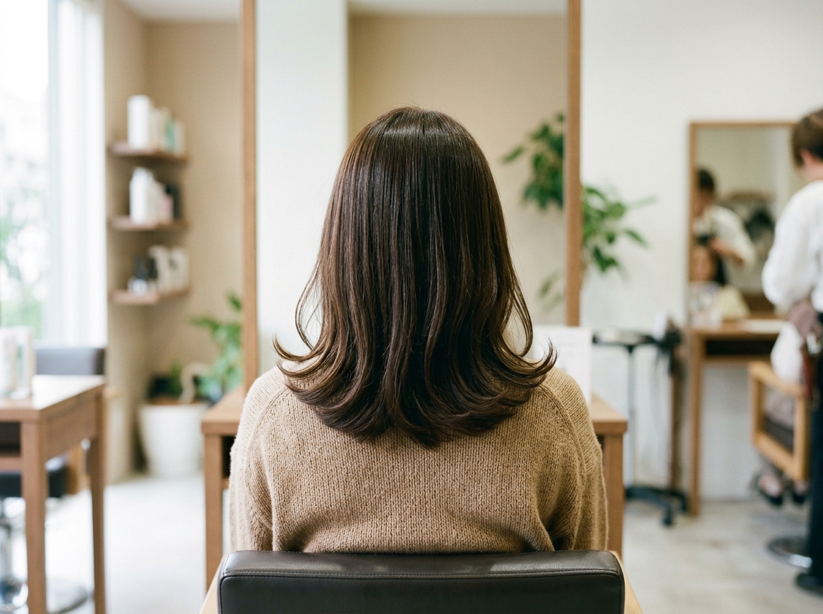 肩に当たる伸ばしかけの髪を自然な外ハネとして生かしたヘアスタイル