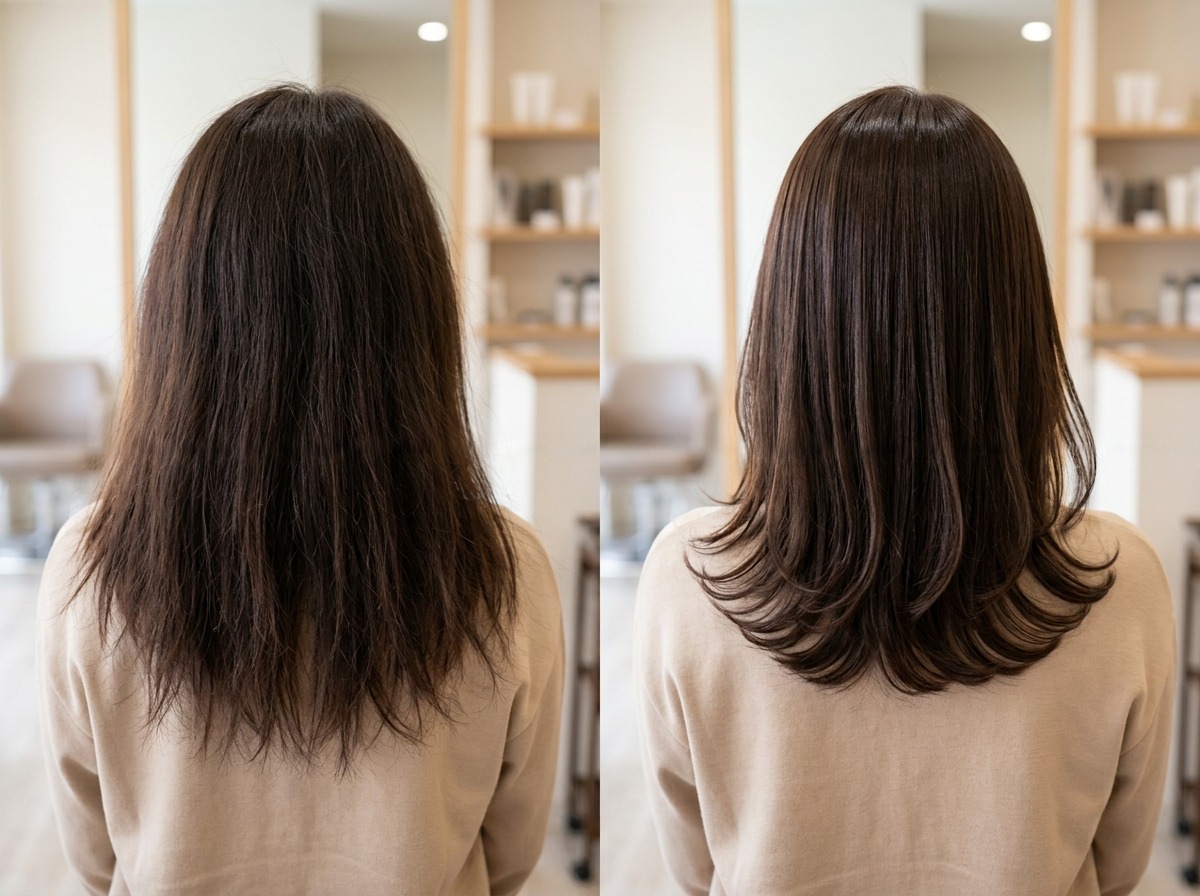 伸ばしかけの長さを残しながら顔まわりとスタイリングで印象を変えた髪