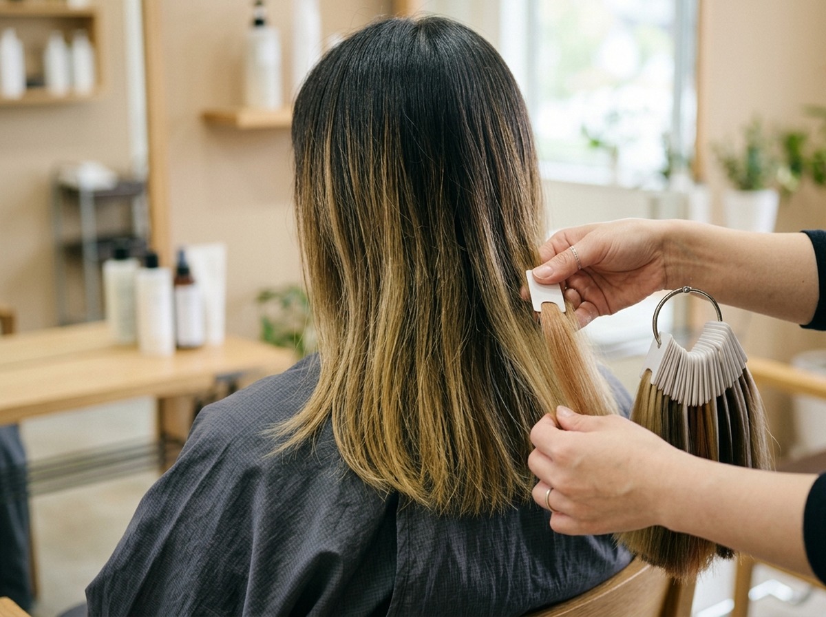9月に夏のヘアカラーの退色と毛先の明るさを確認している美容師