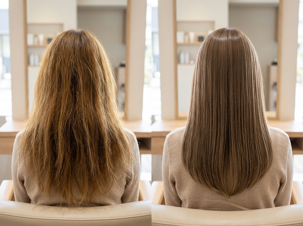 9月に髪を暗くしすぎず色味だけ秋らしく整えたヘアカラーのビフォーアフター