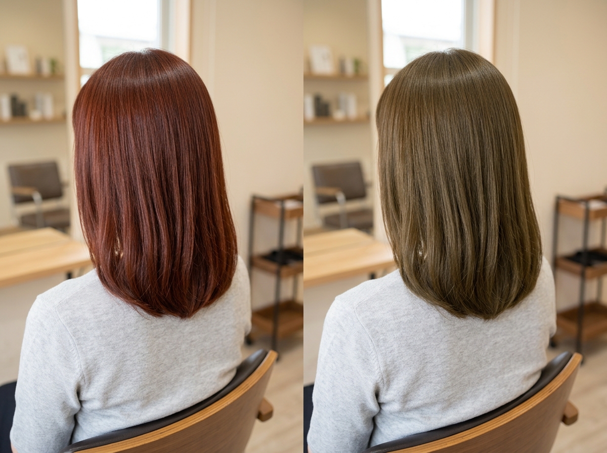 秋の赤みブラウンとオリーブ系ヘアカラーの印象を比較した髪色