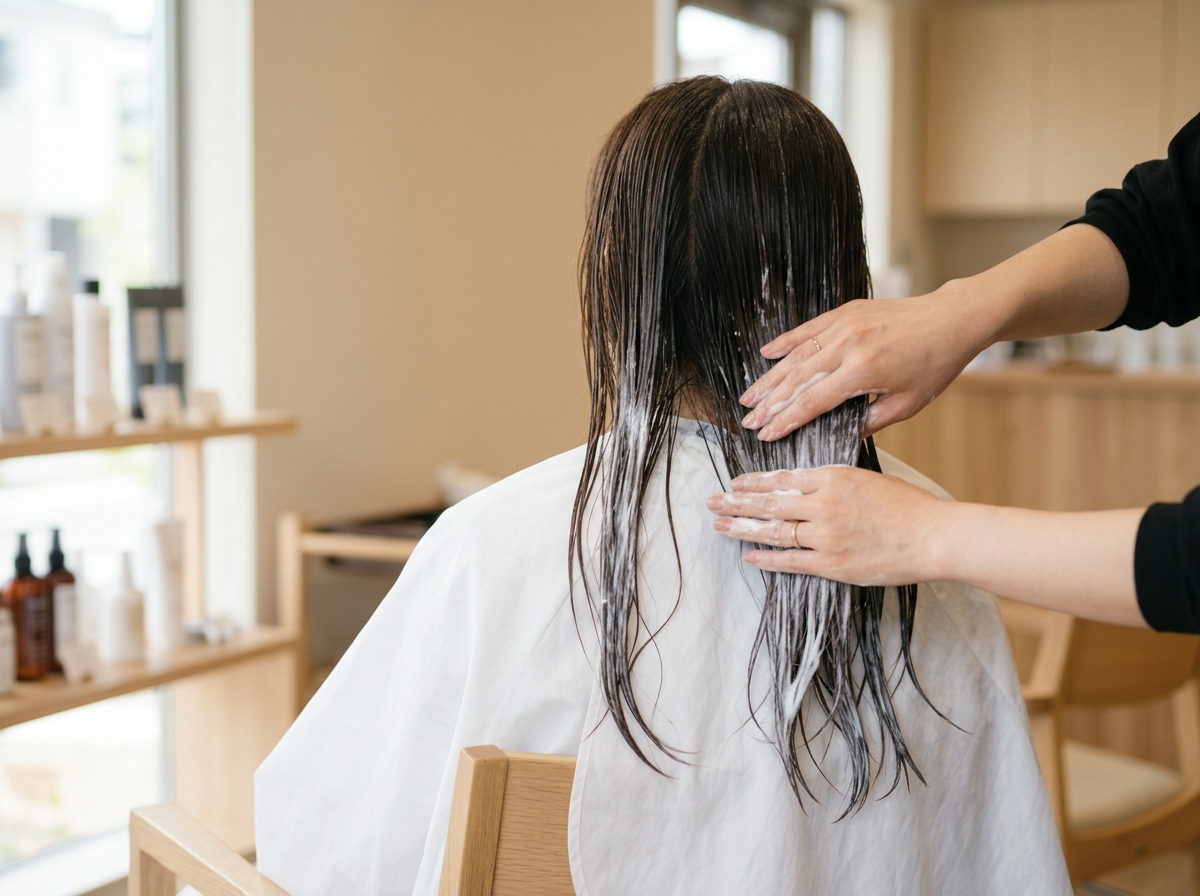 毛先の乾燥対策としてトリートメントを中間から毛先へなじませている様子