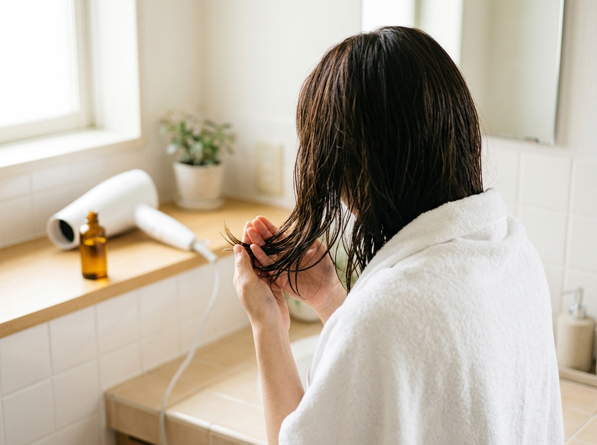 乾かす前に毛先へ洗い流さないトリートメントをなじませるヘアケア