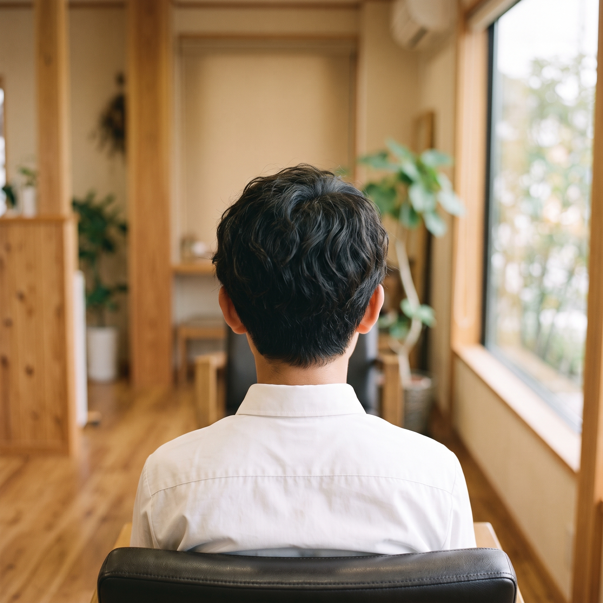 サロンの椅子に座る男子学生