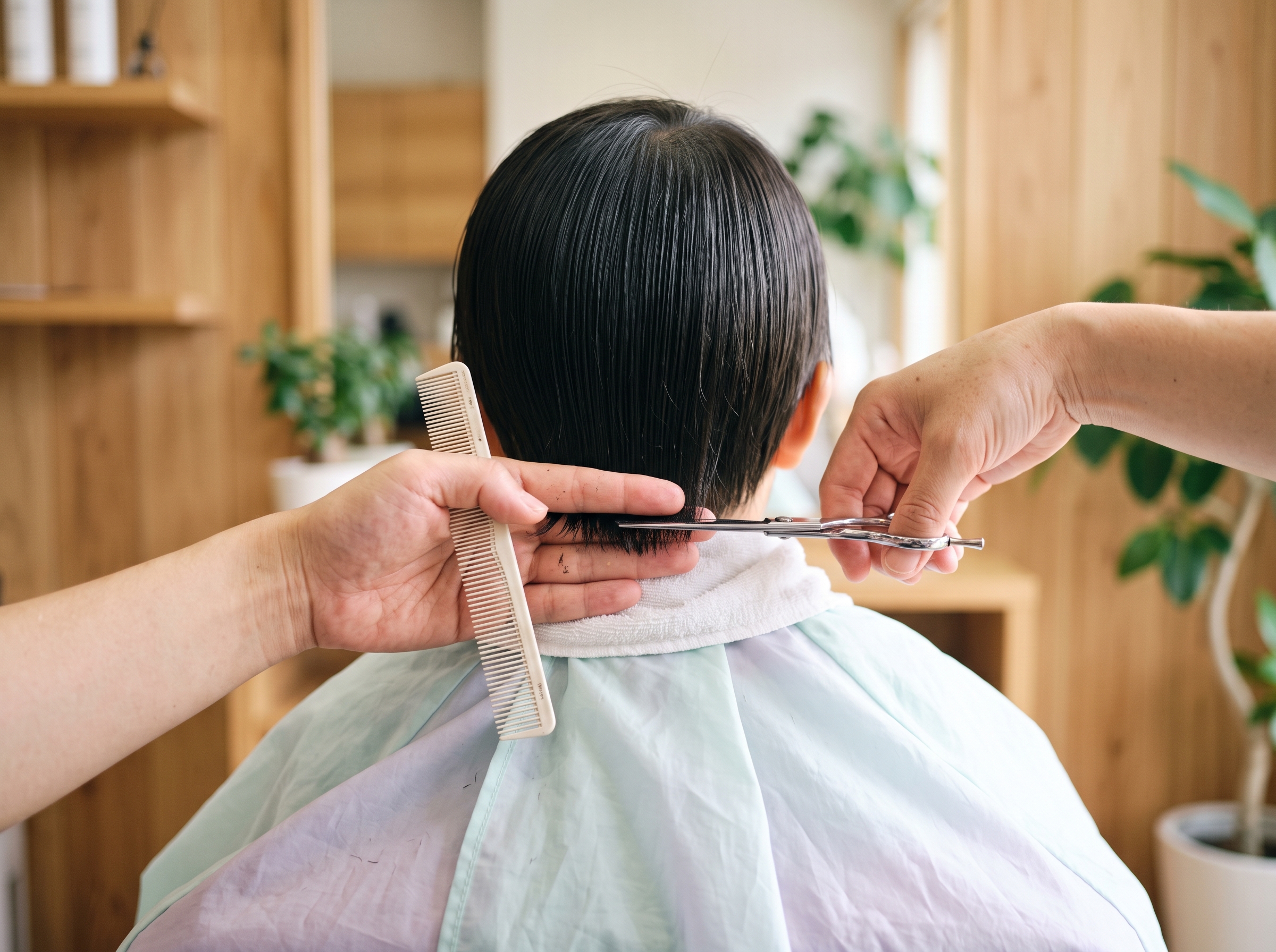 子どもの毛先をはさみで整える手元