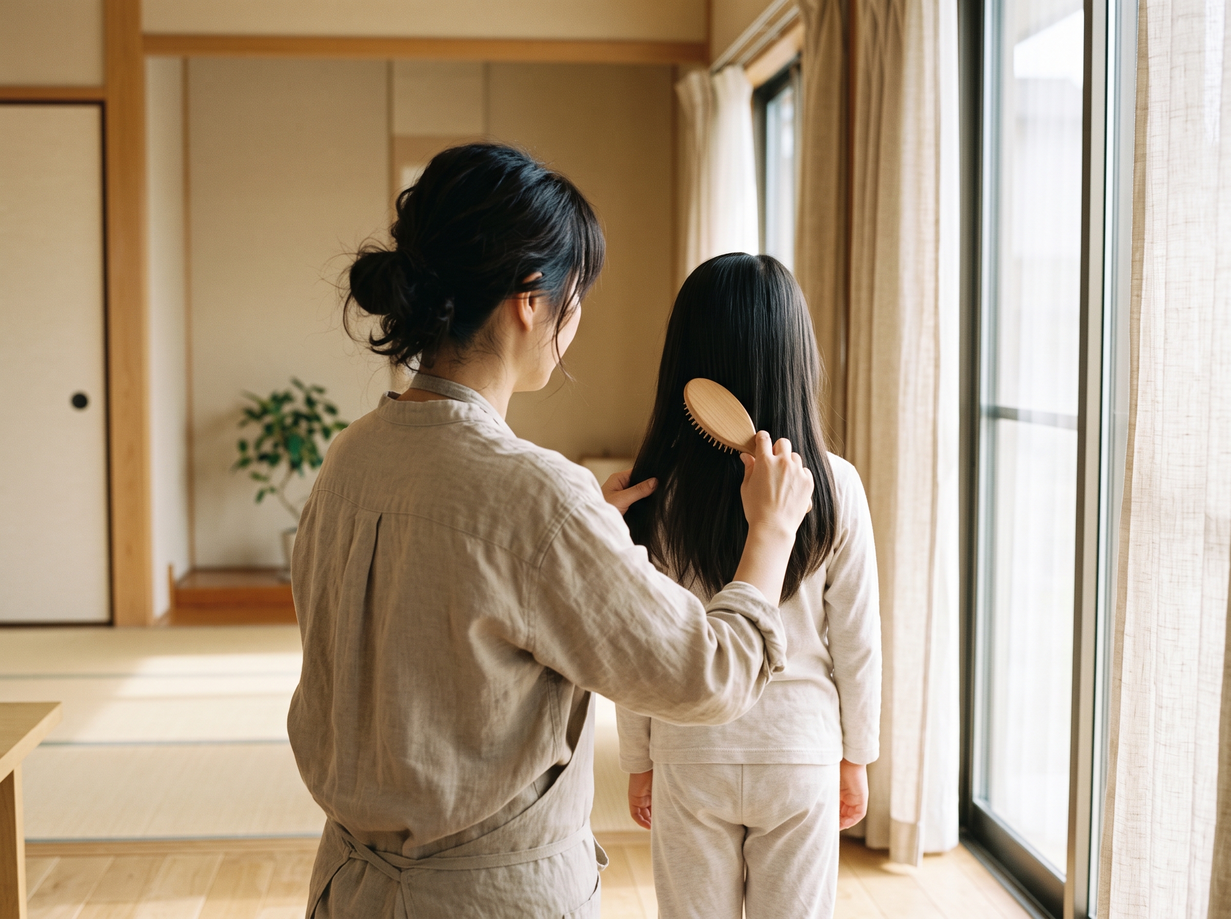髪を整える母と娘の後ろ姿