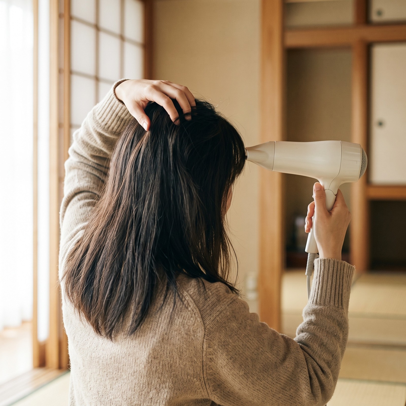 ドライヤーで髪の根元を乾かす女性の後ろ姿