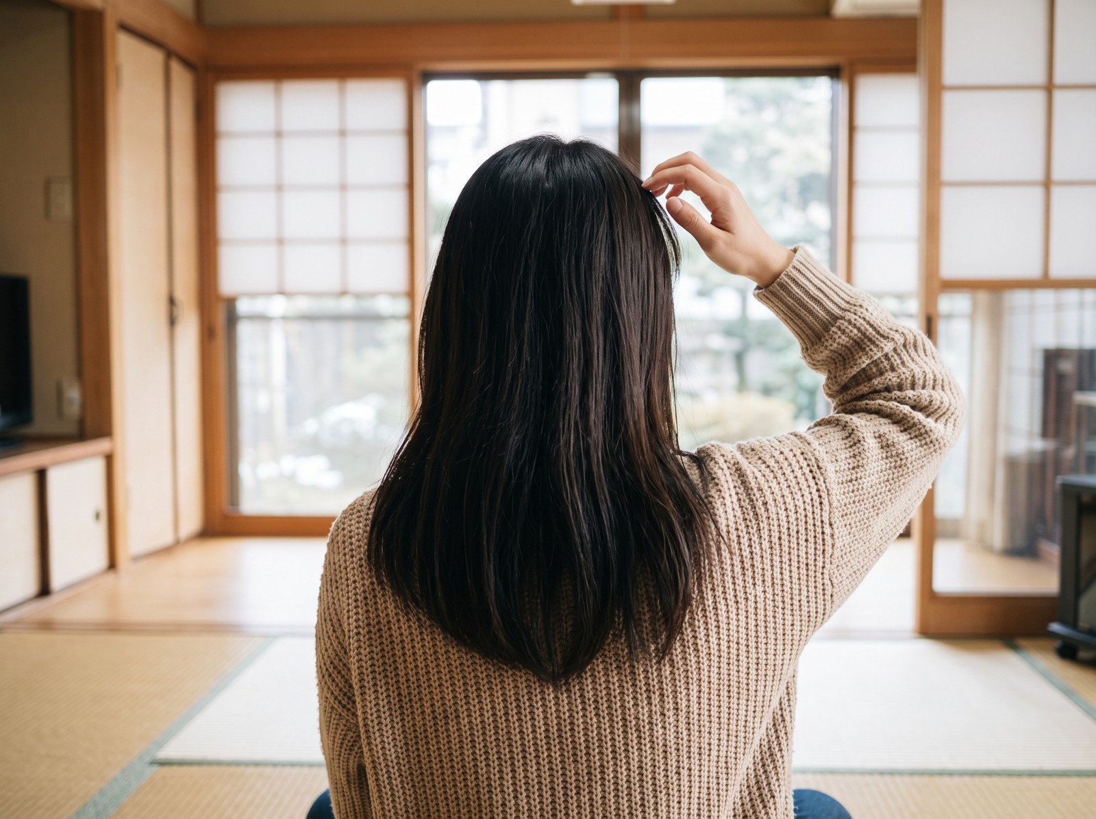 長めの前髪を指で横に流す手元