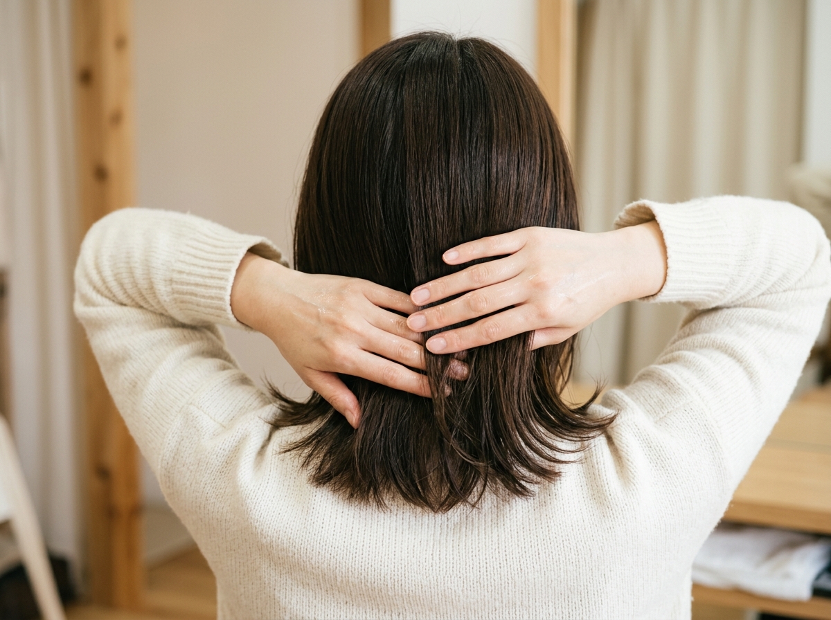 乾かす前に洗い流さないトリートメントを毛先になじませている様子