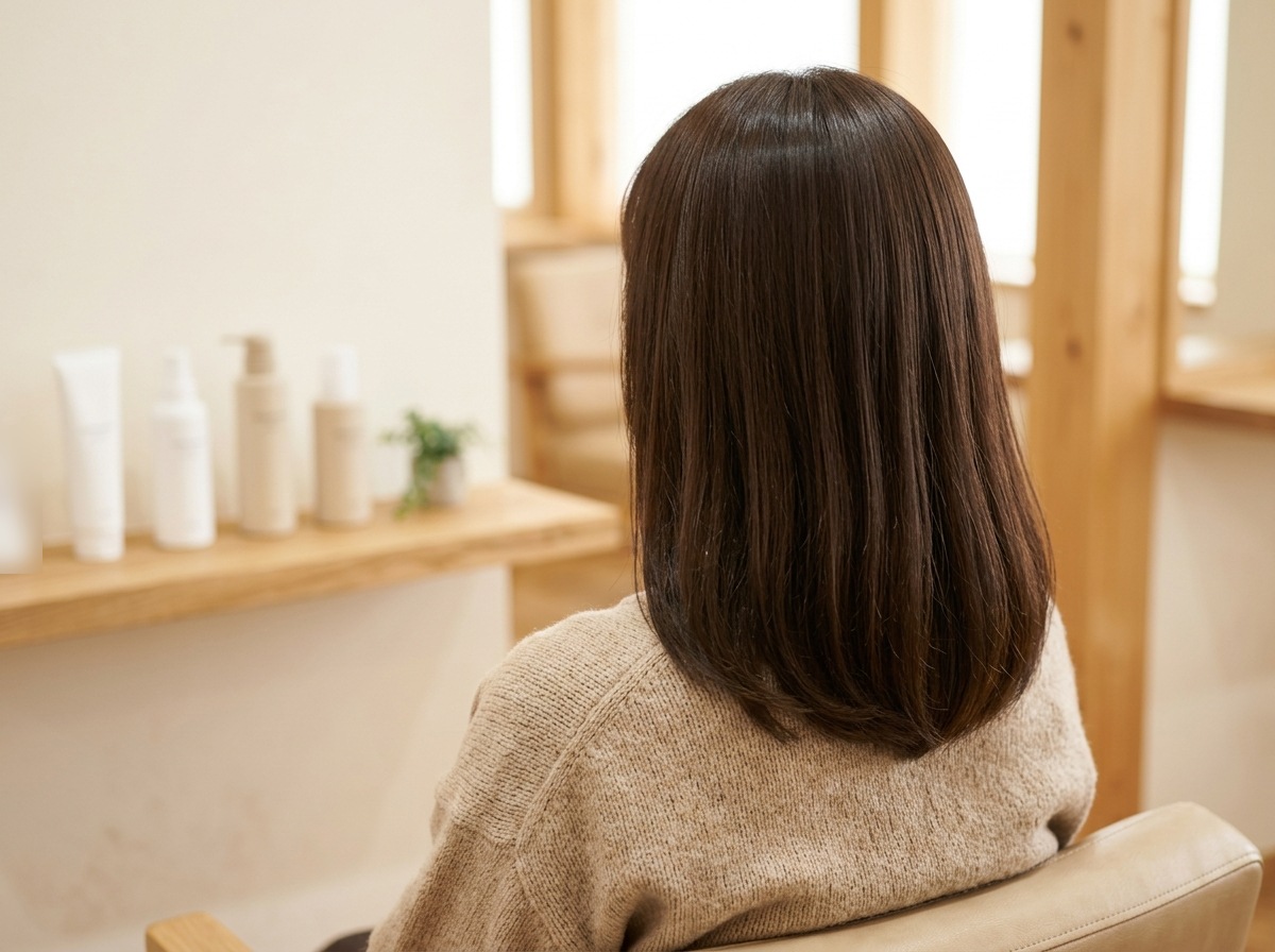 髪質改善後のまとまりのある髪と、仕上がりを保つホームケア