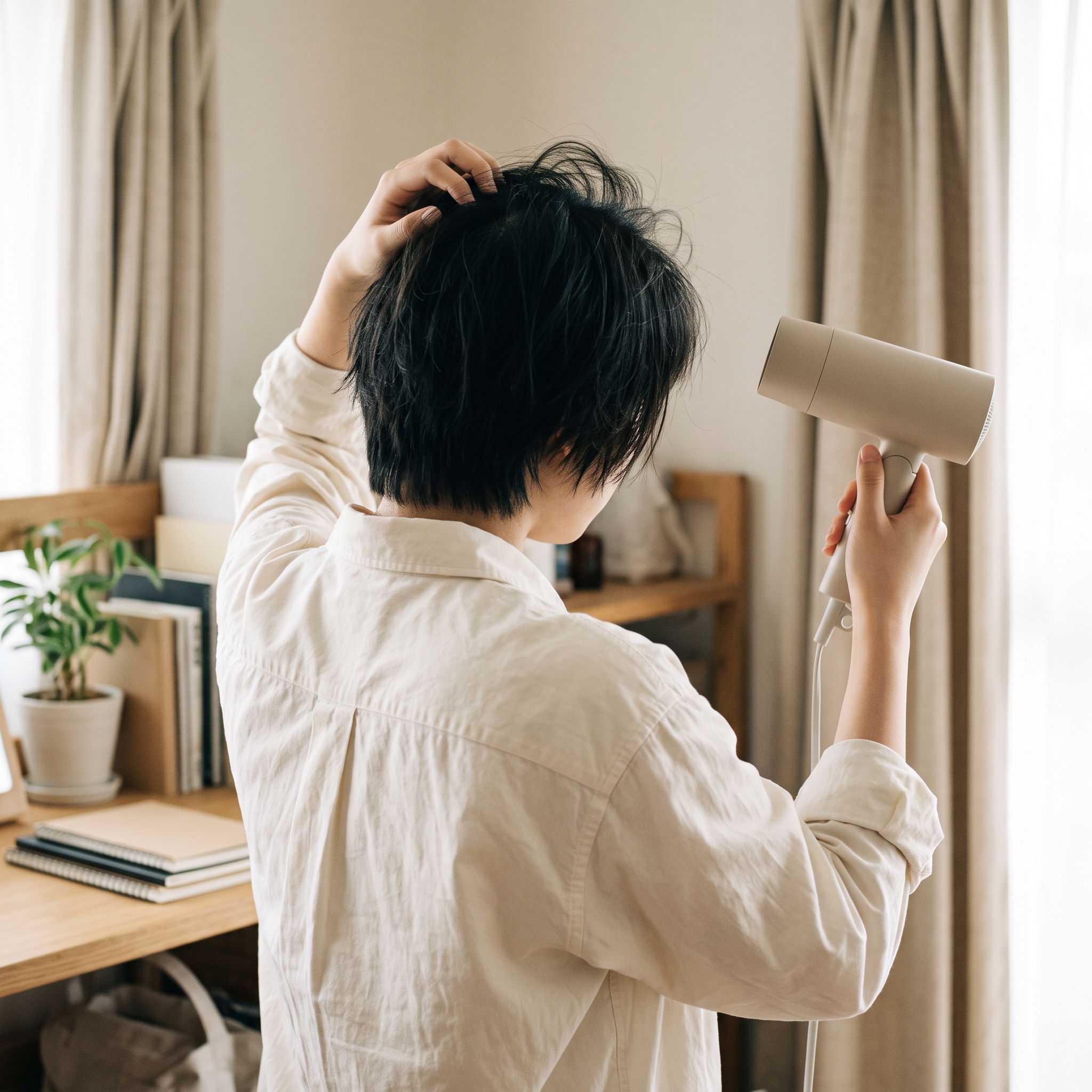 前髪の根元をドライヤーで乾かす高校生