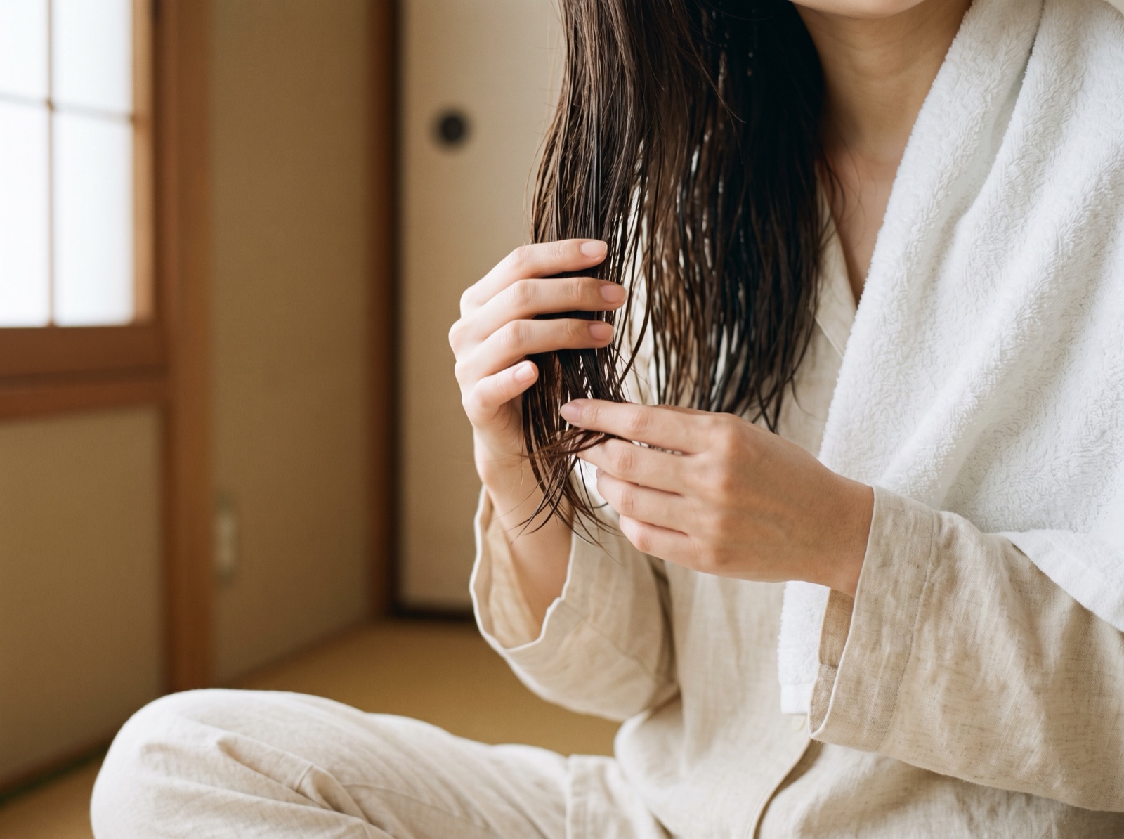 毛先にオイルをなじませる手元