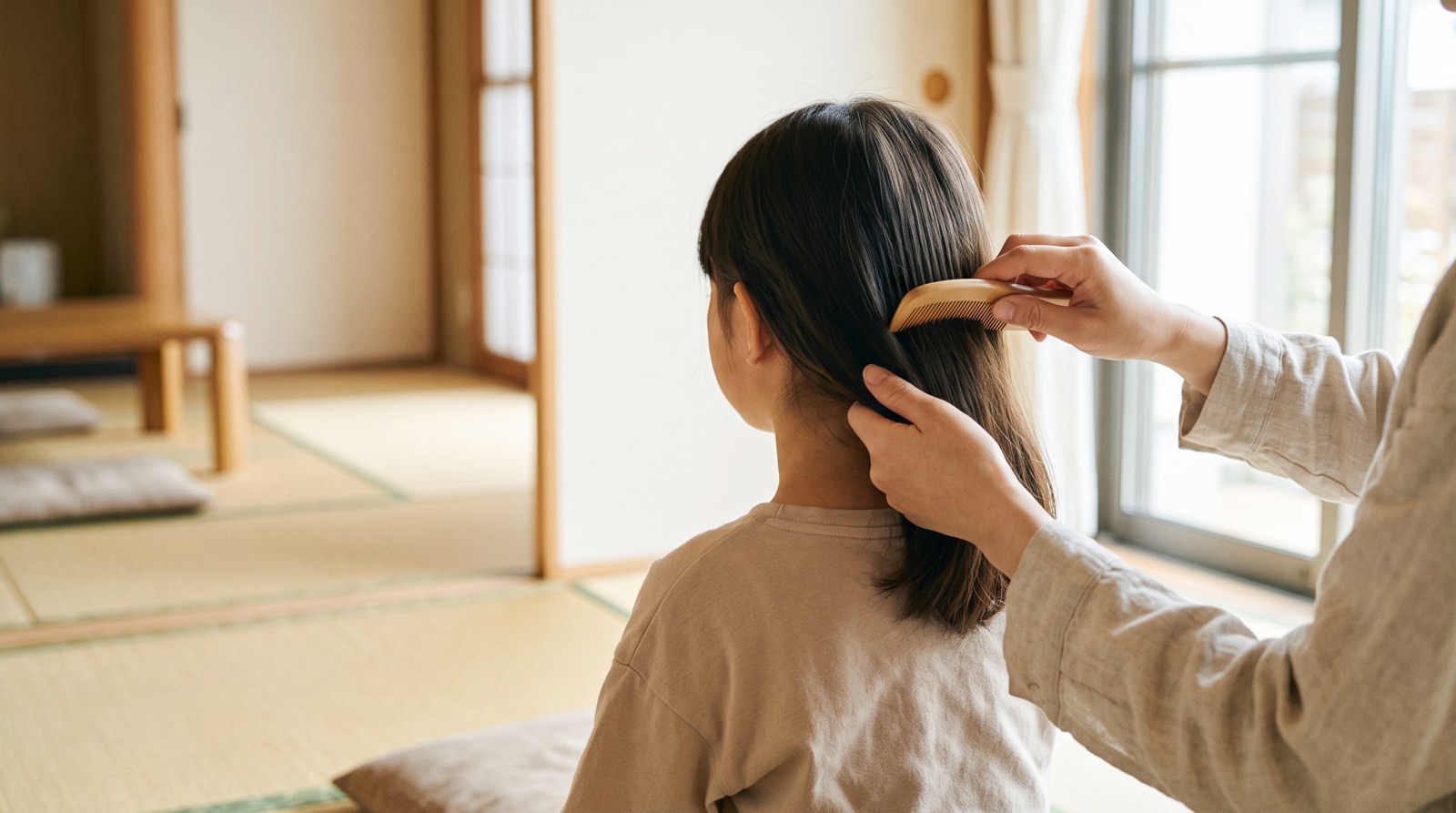 子どもの髪をとかすママの後ろ姿
