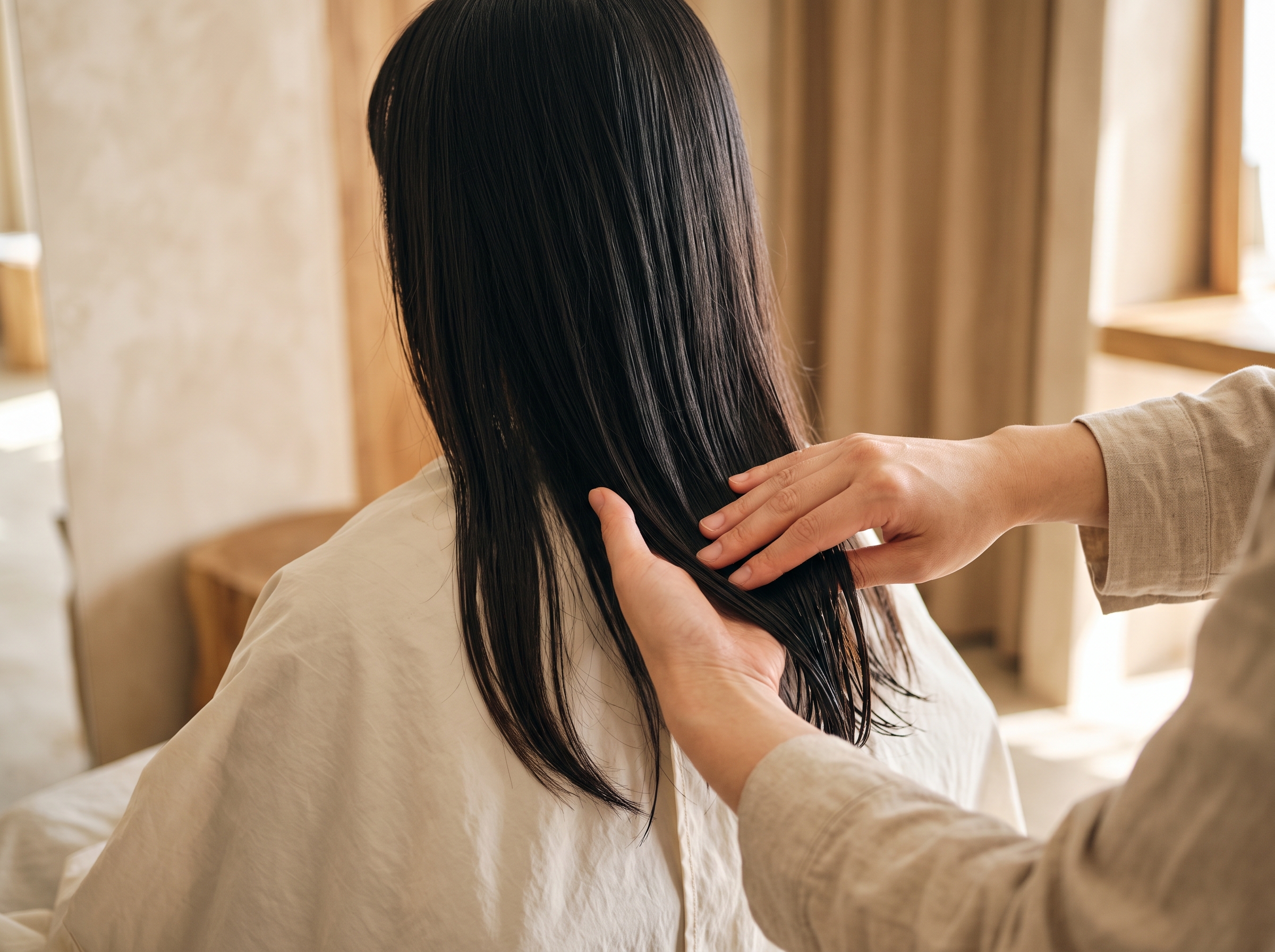 毛先にトリートメントをなじませる手元