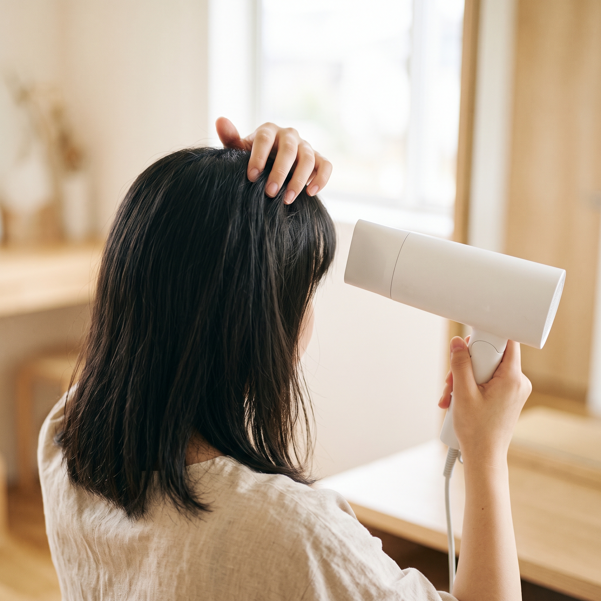 前髪の根元をドライヤーで乾かす様子