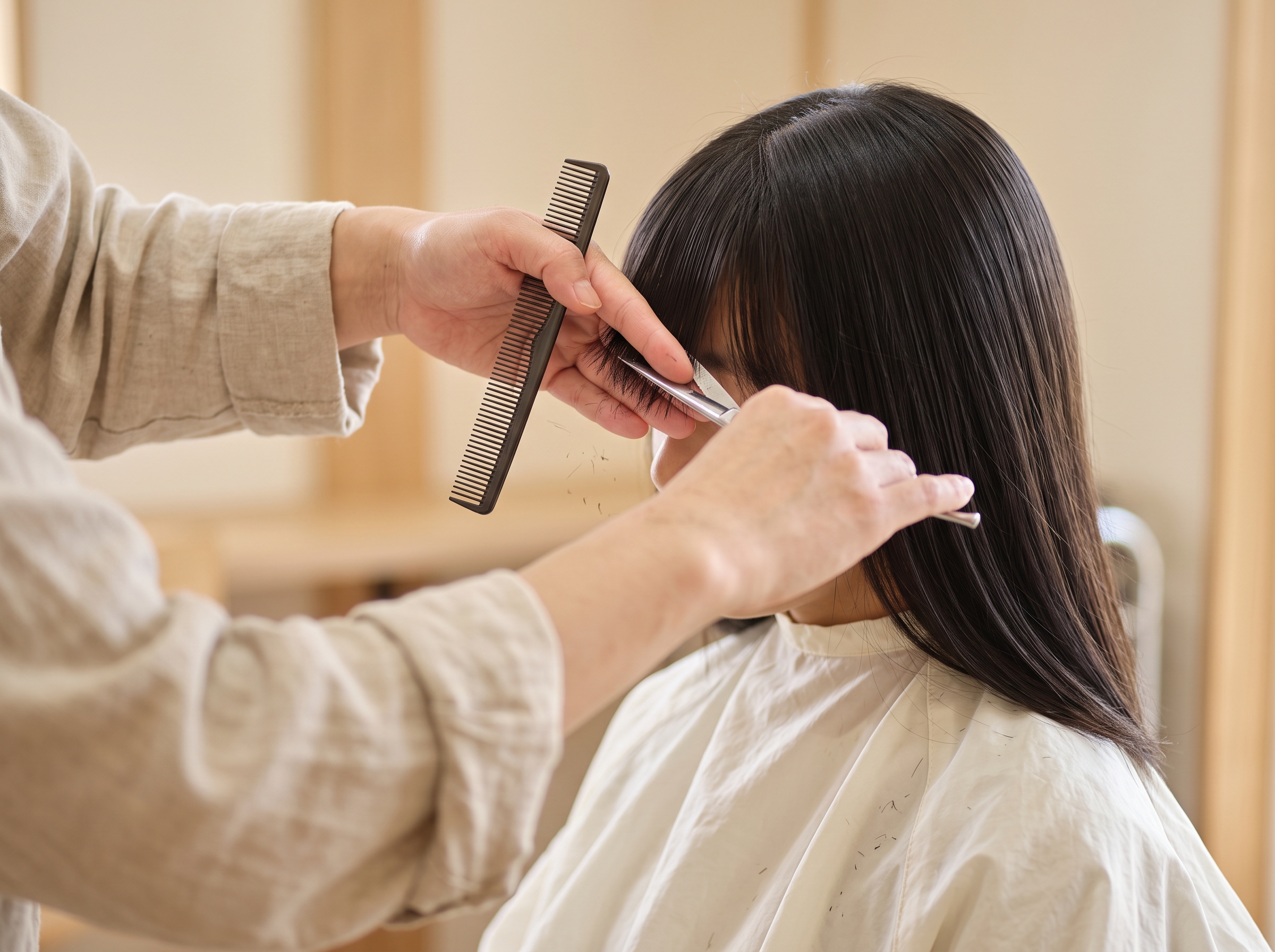 前髪をはさみで整える手元