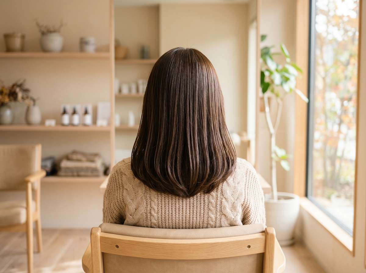 朝のスタイリング後、毛先がまとまったツヤのある髪