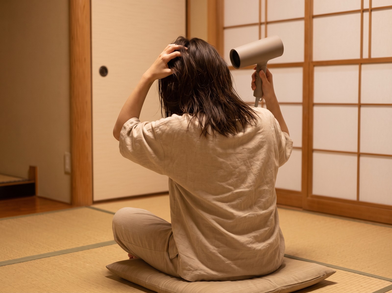 ドライヤーで根元から乾かす後ろ姿