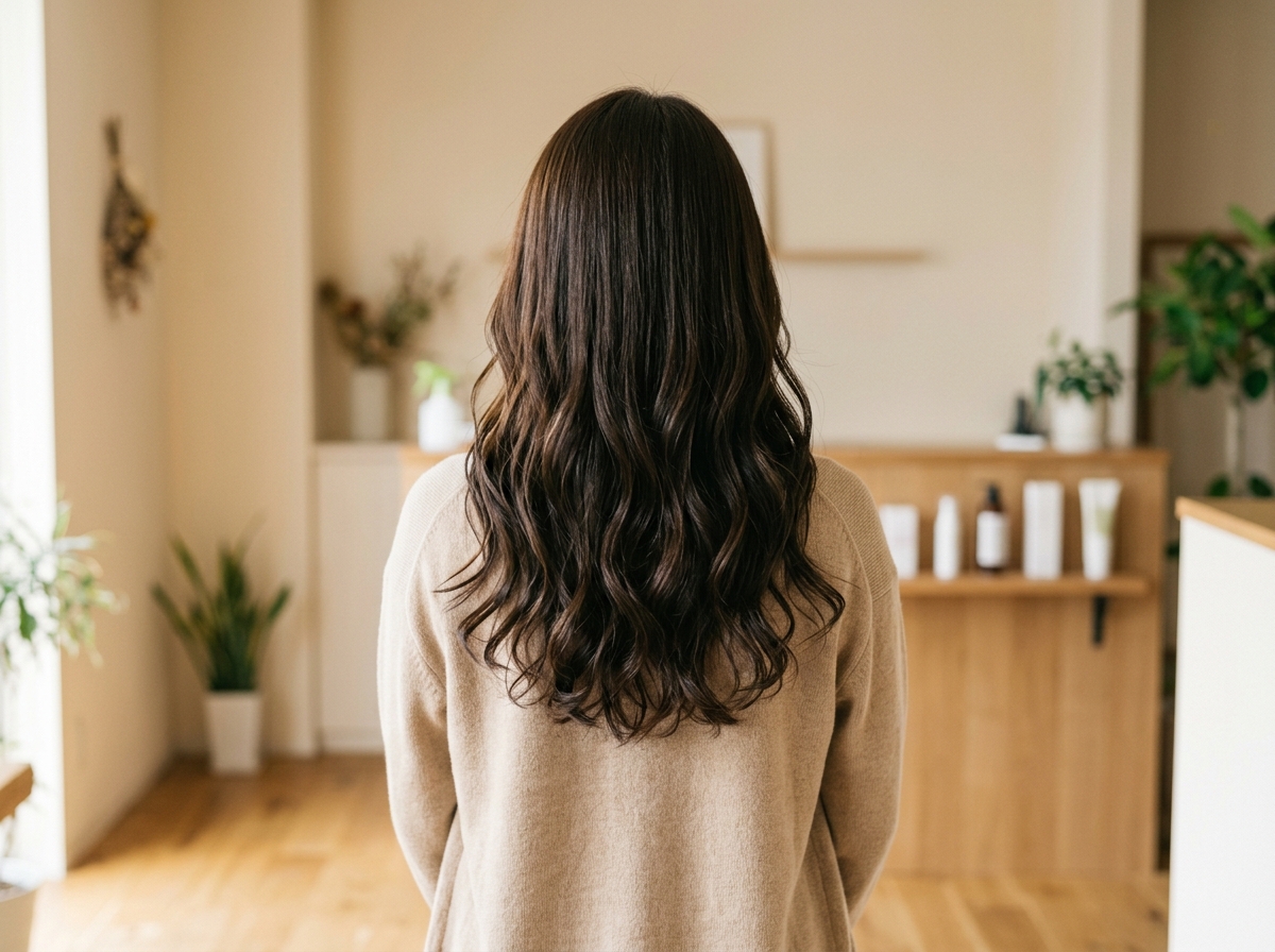 ヘアオイルやヘアミルクを適量使って自然なツヤとまとまりを整えた髪