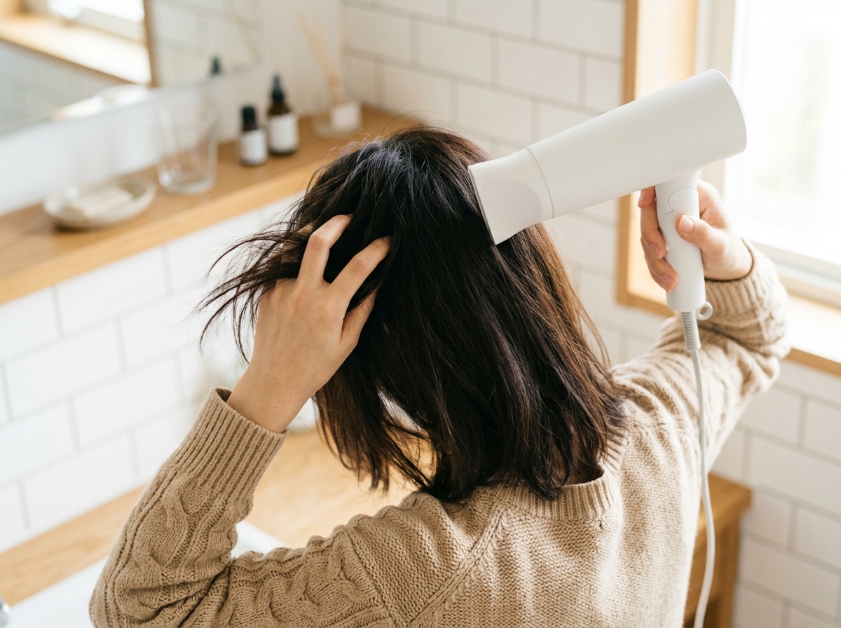 前髪の根元を左右に動かしながらドライヤーで乾かしている様子