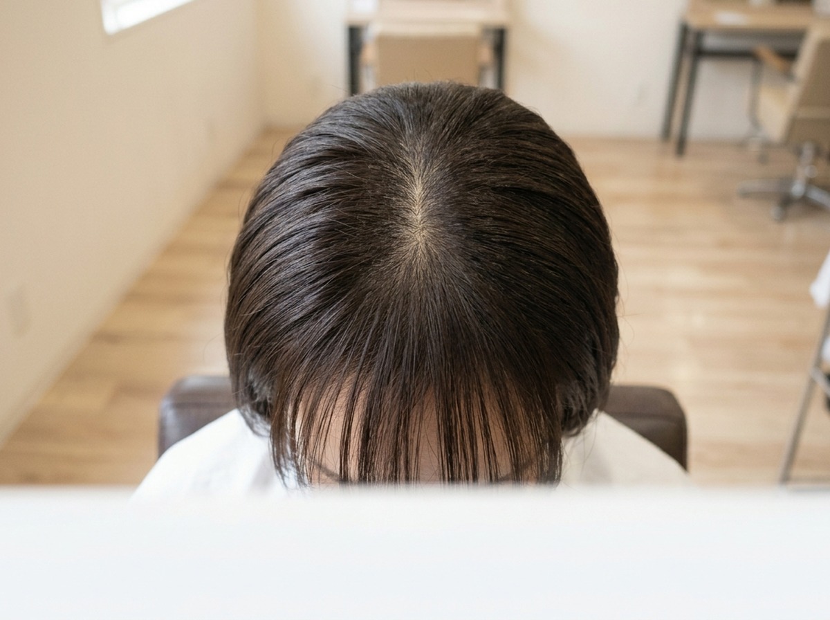 前髪の内側の短い毛と厚みを確認している様子