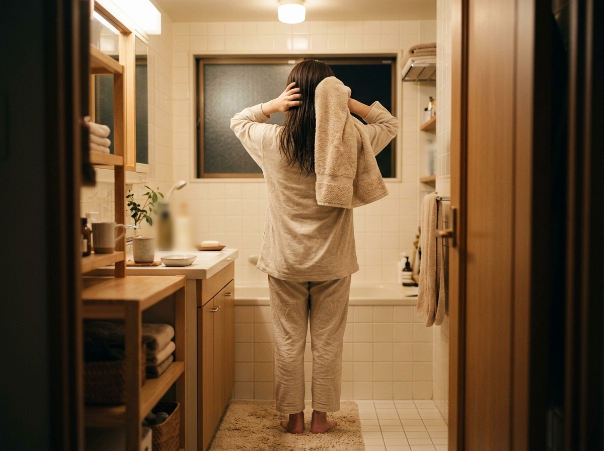 毛先ではなく根元の湿り具合を確認している様子