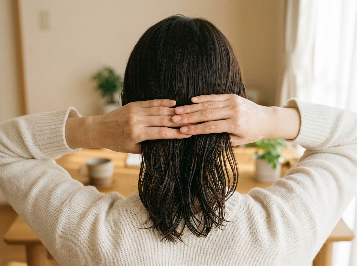 ヘアオイルを両手によく広げている様子