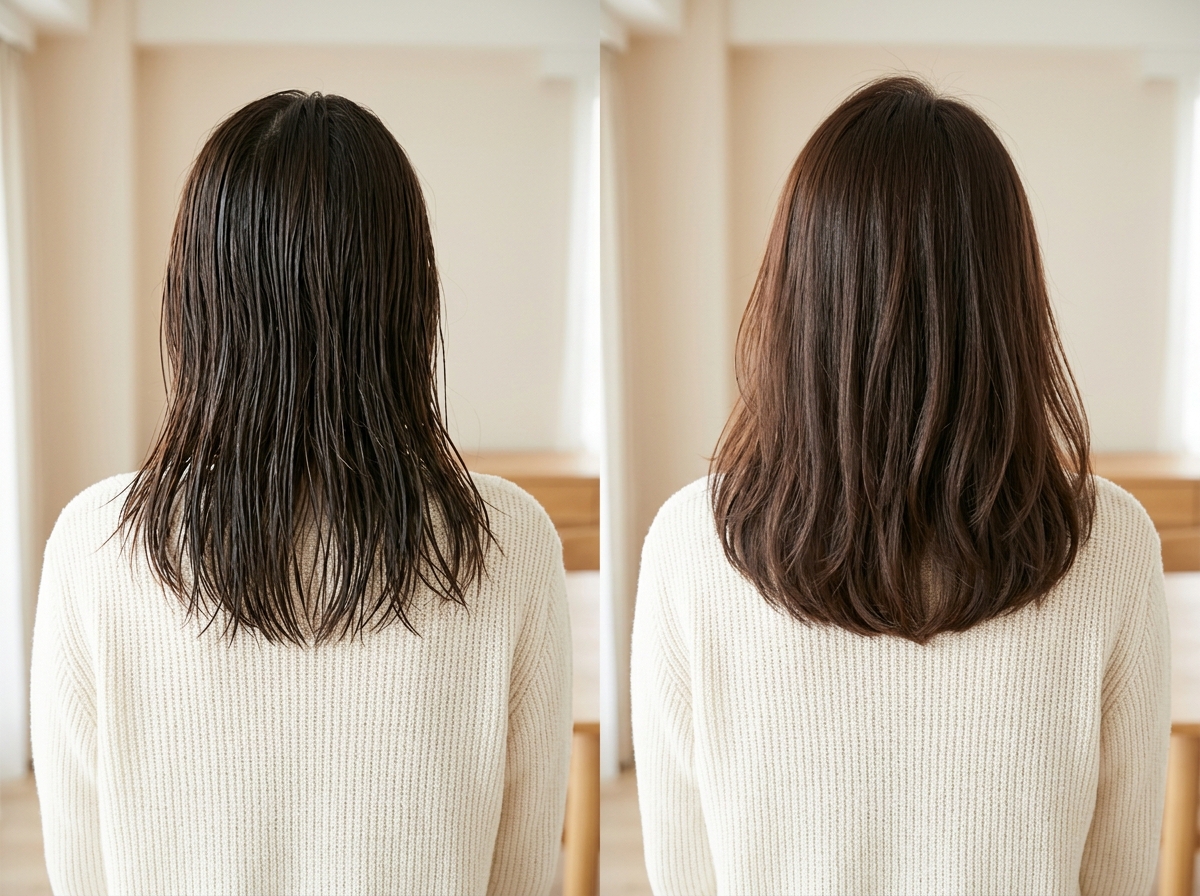 ヘアオイルを毛先から中間へ少量ずつなじませている様子