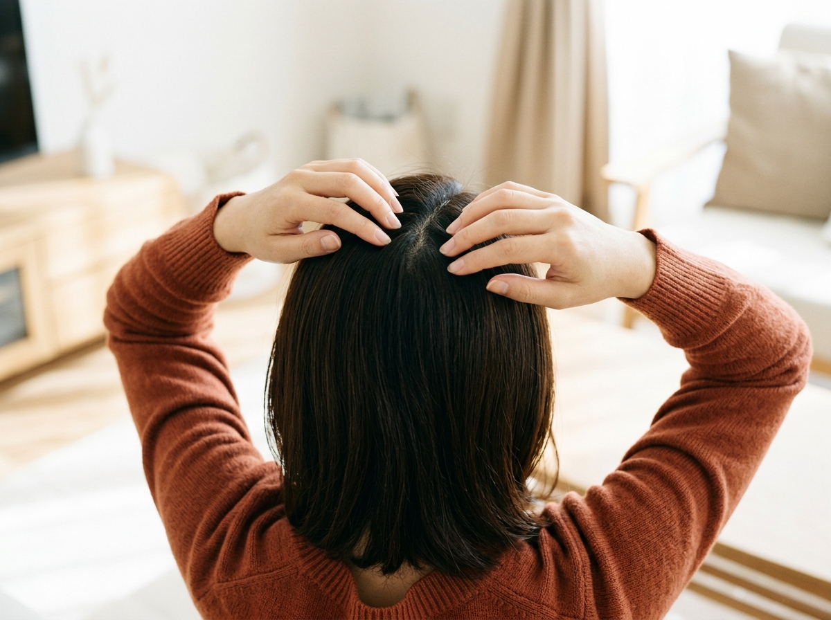 長さを残しながら前髪と顔まわりを美容師が確認している様子