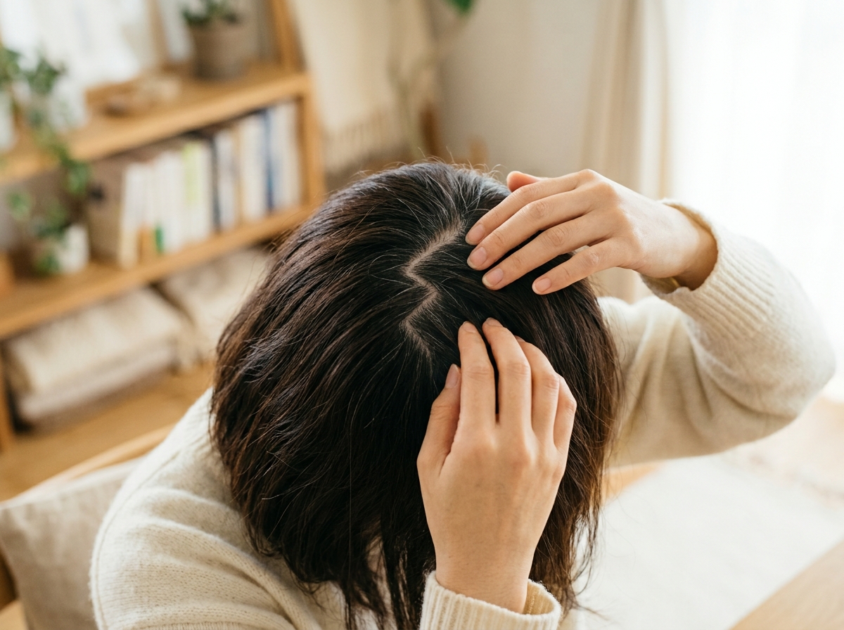 髪の根元を左右へ動かしながらドライヤーで乾かしている様子