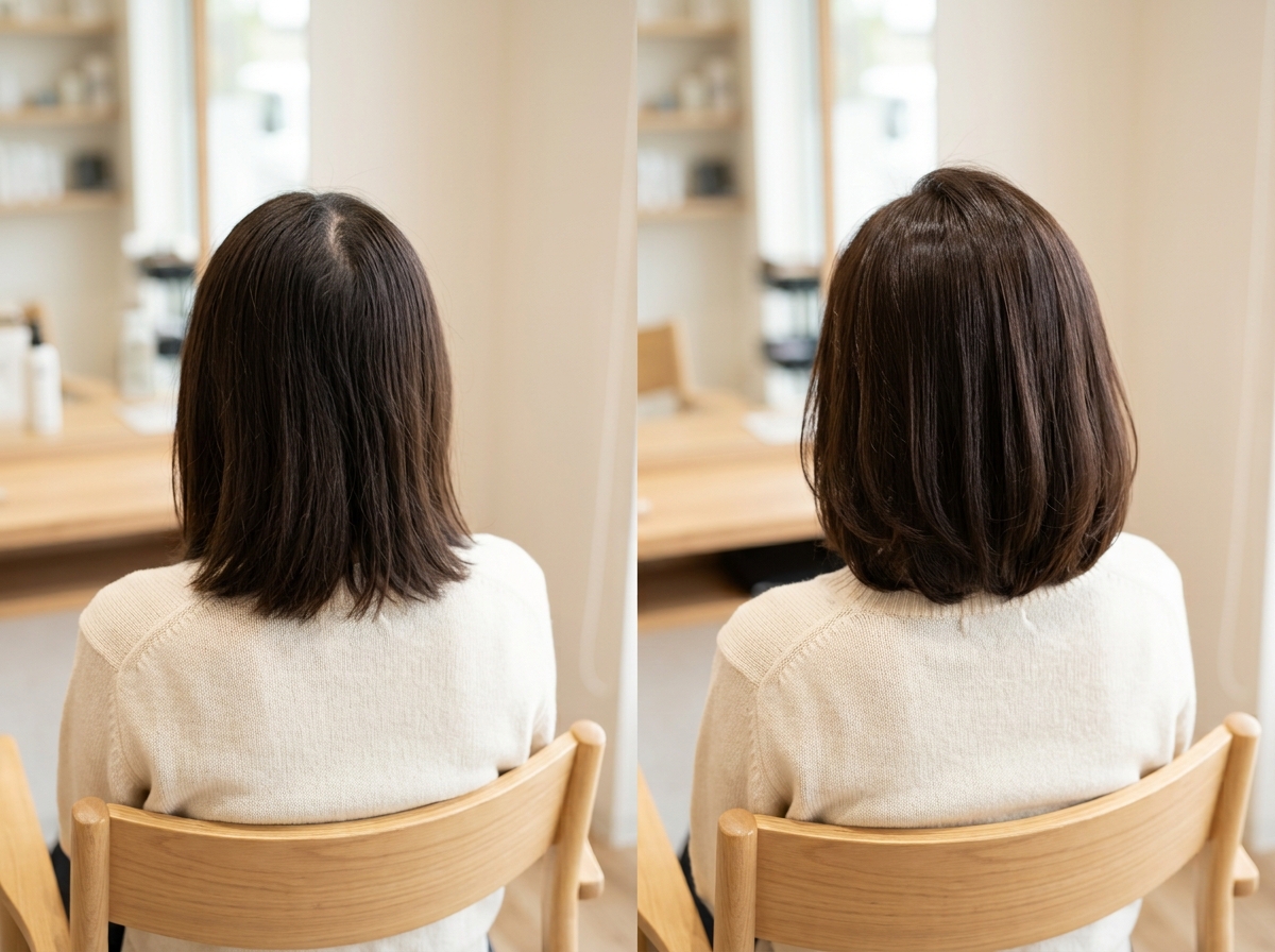 分け目を少し変えてトップと顔まわりを自然に整えたヘアスタイル
