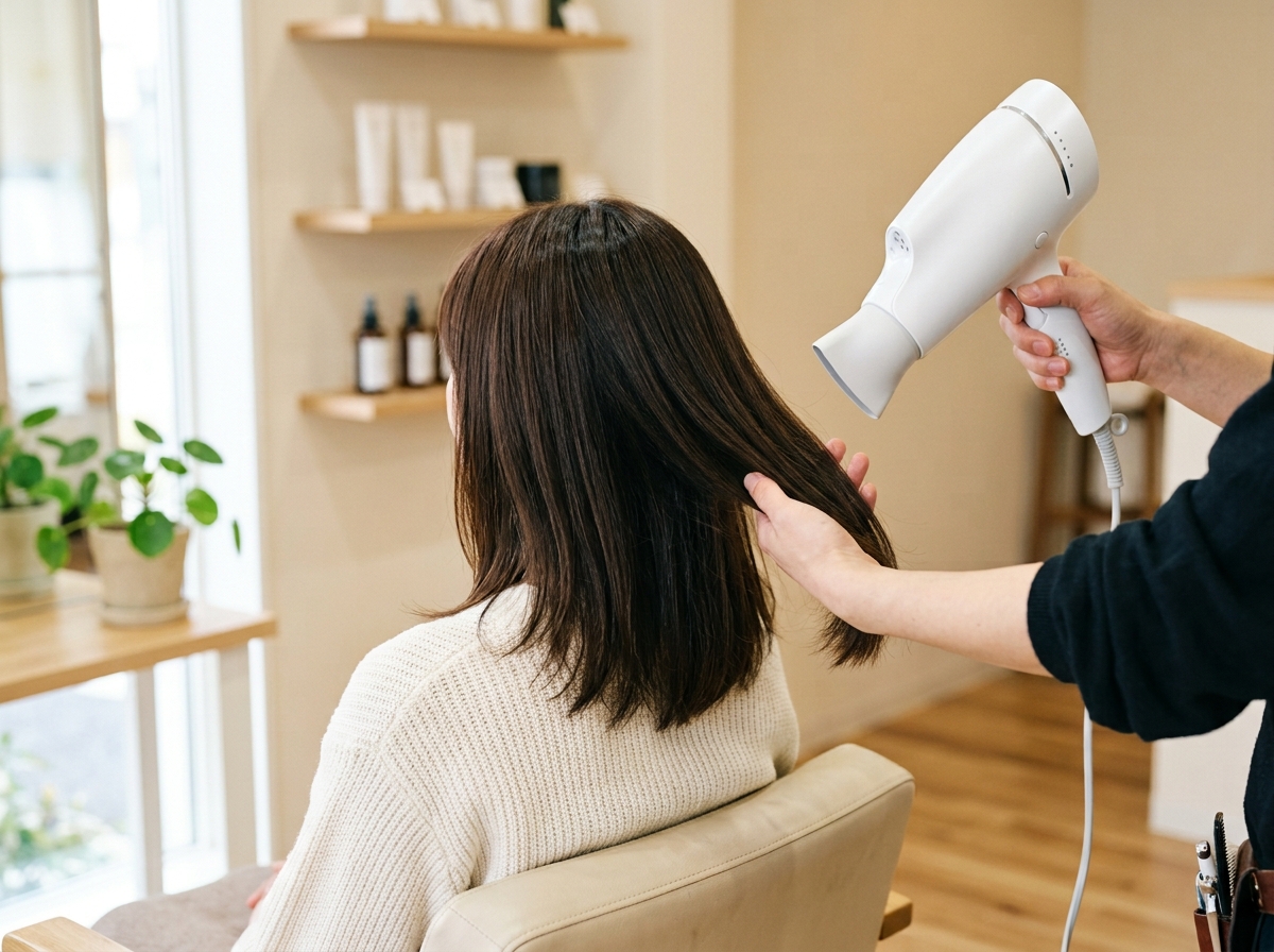 根元から毛先へ向かってドライヤーで髪を整えている様子