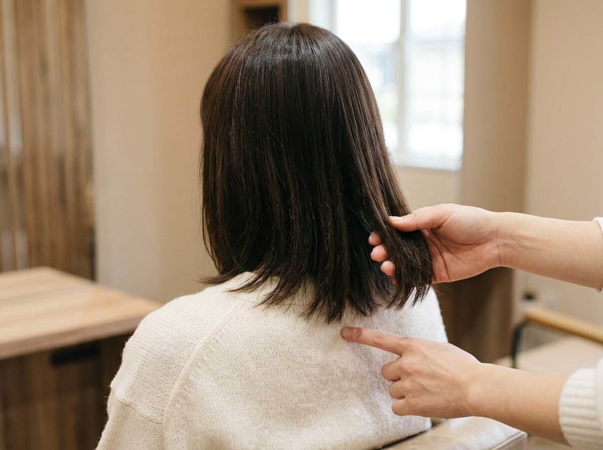 髪を伸ばしながら変えてよい部分を美容師と確認している様子