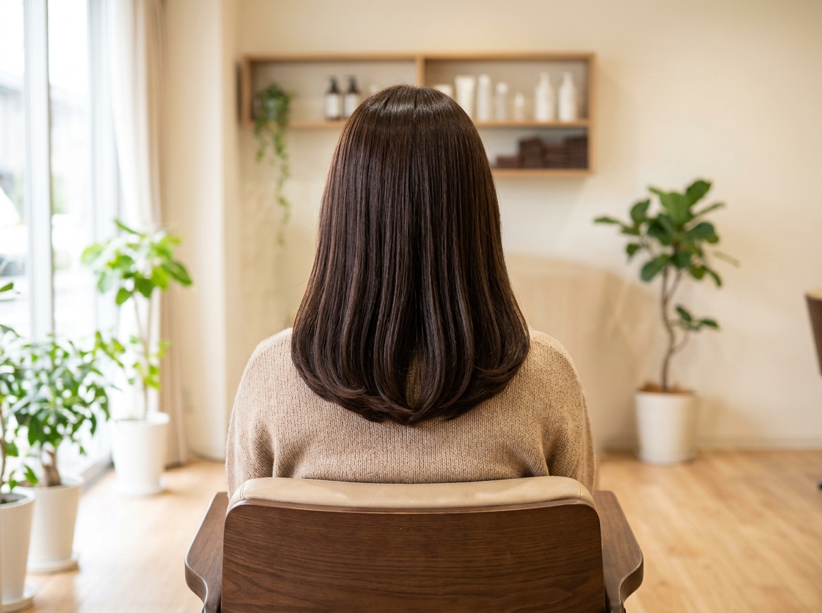 毛先の厚みを残して整えた伸ばしかけのミディアムヘア