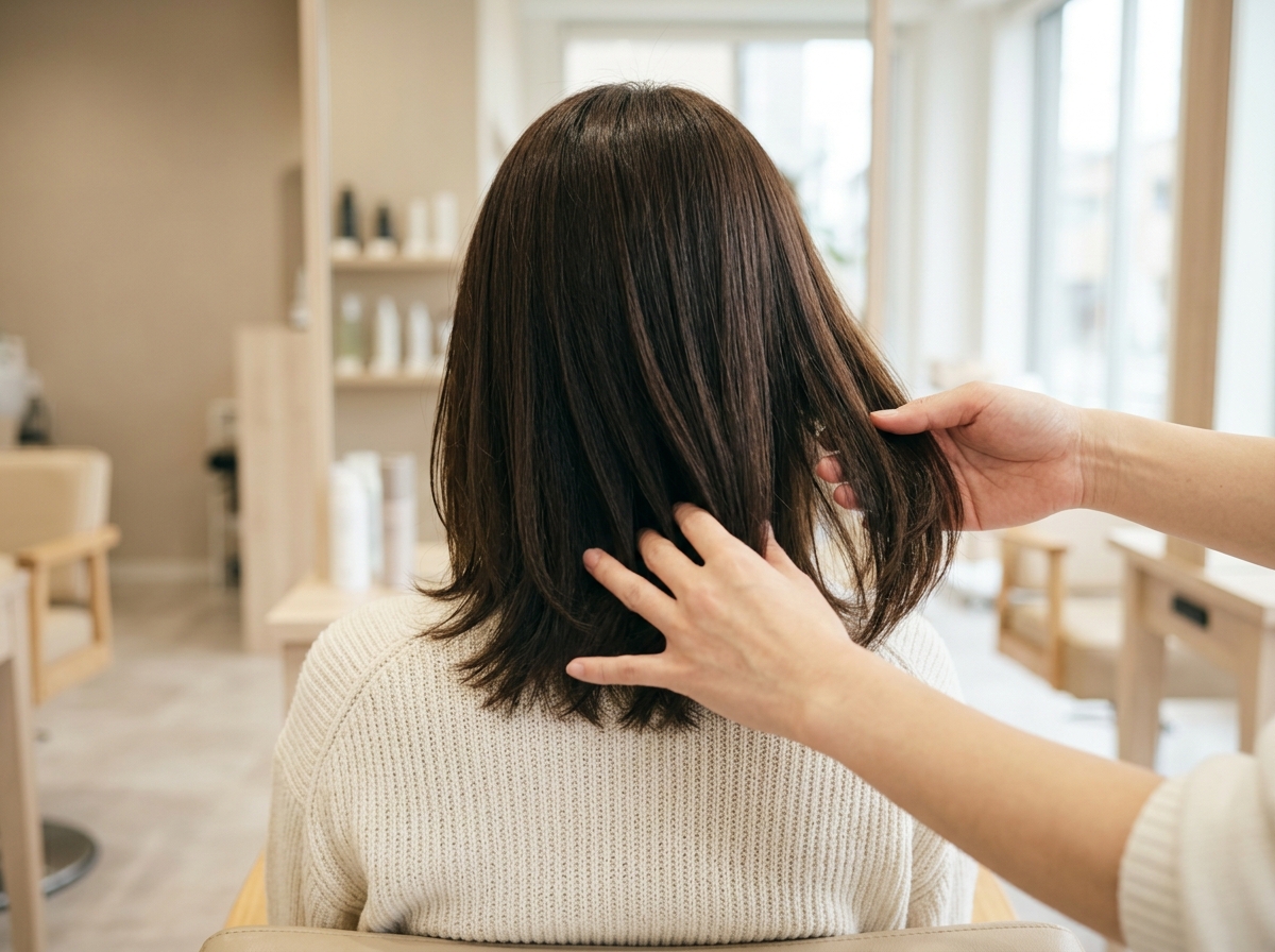 美容師とお客様がおまかせカットの条件を確認している様子