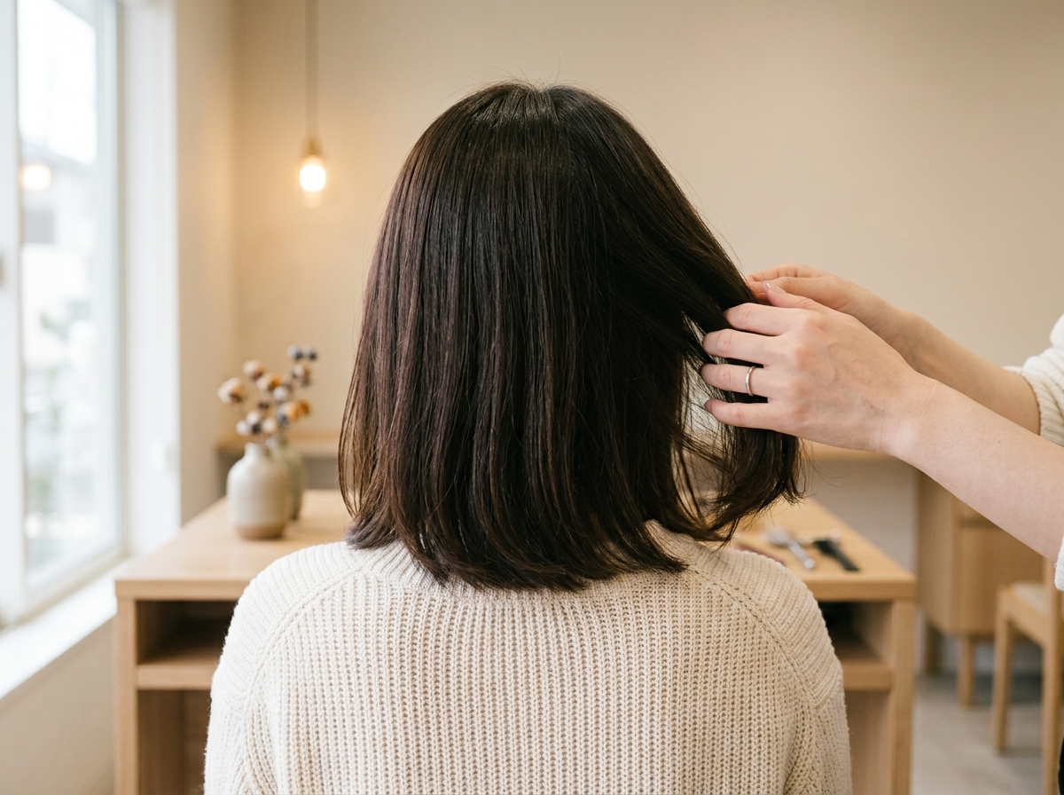 前回のカット後に気になった部分を美容師と確認している様子