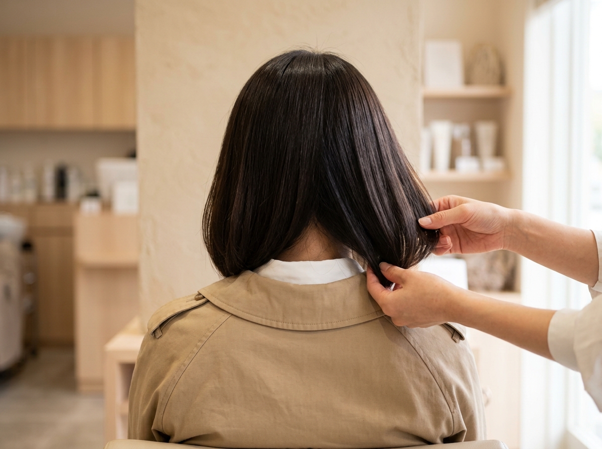 秋服の襟と毛先の長さや動きを美容師が確認している様子