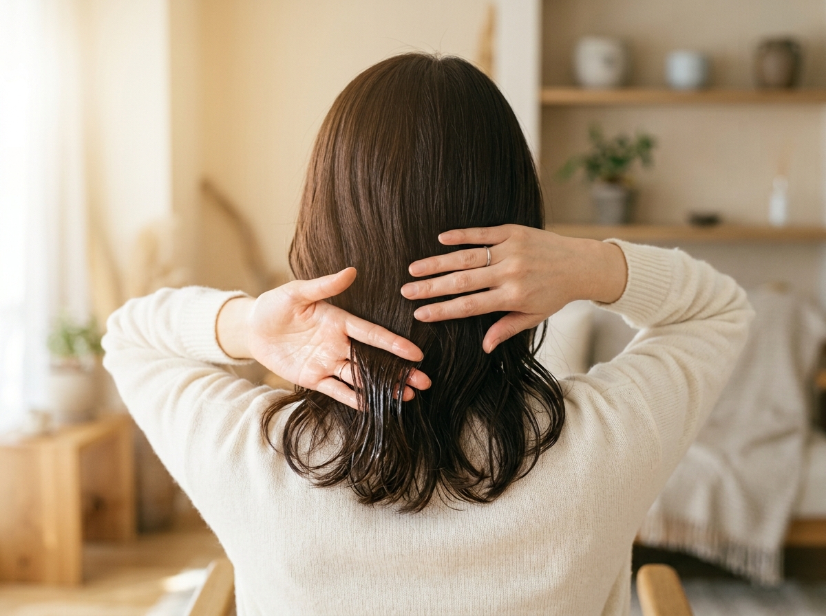 ドライヤー前に洗い流さないトリートメントを毛先になじませている様子