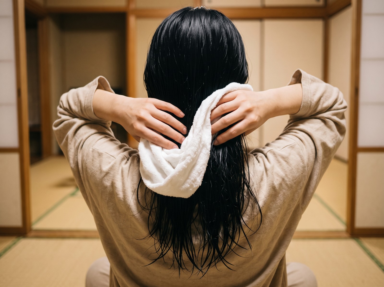 タオルで髪の水気をとる手元