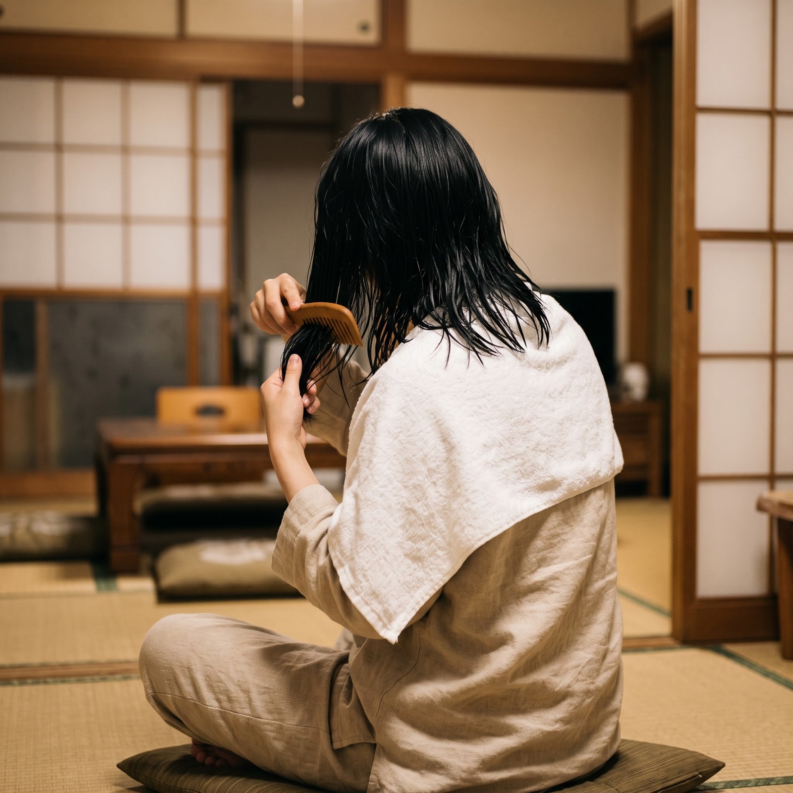 濡れた髪の毛先をコームでとかす後ろ姿