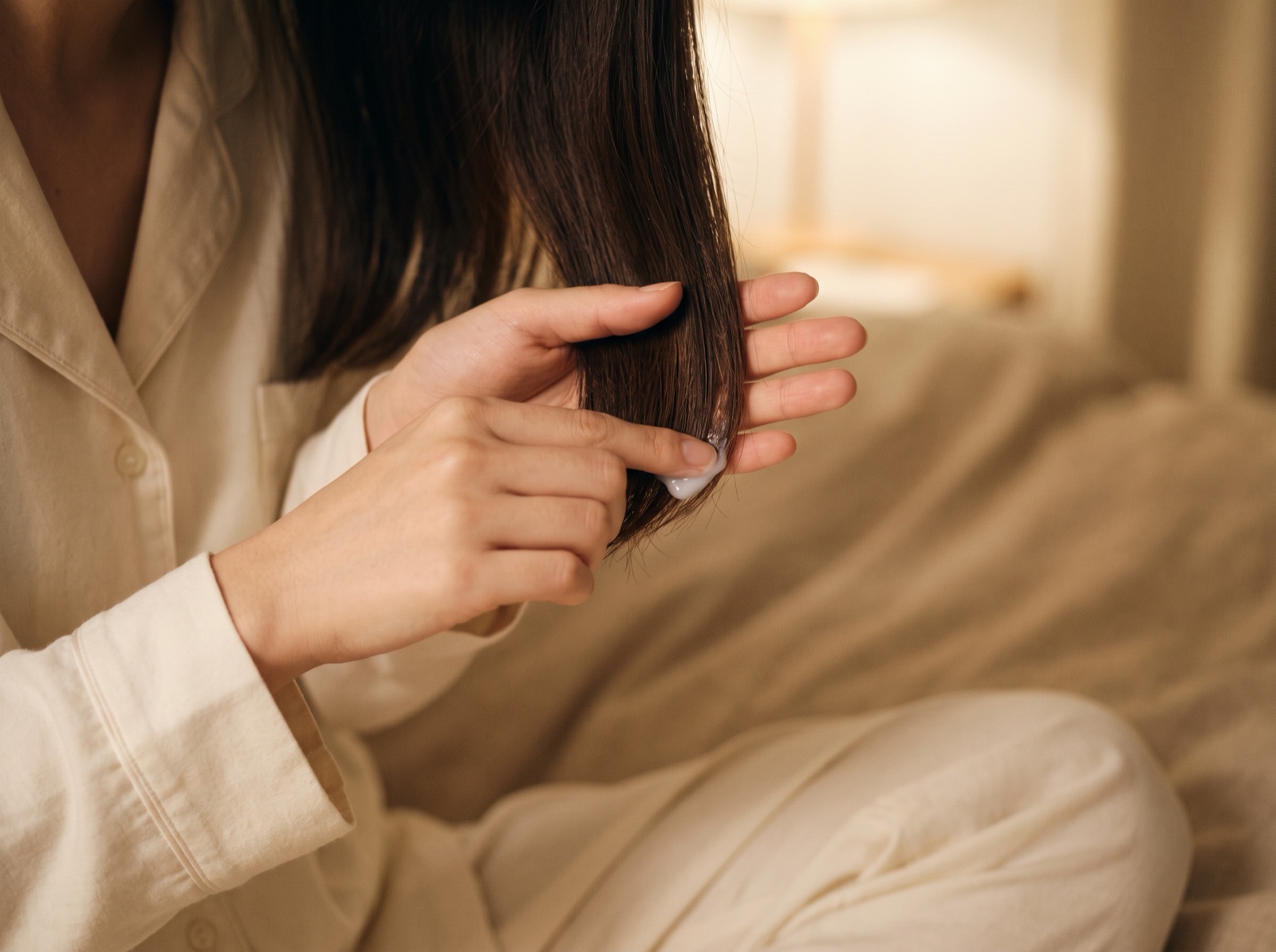 毛先にミルクをなじませる手元