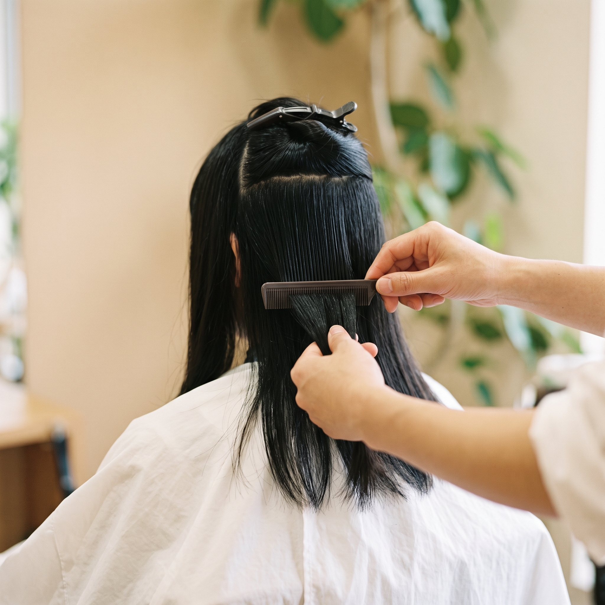 美容師が学生さんの髪をとかす手元