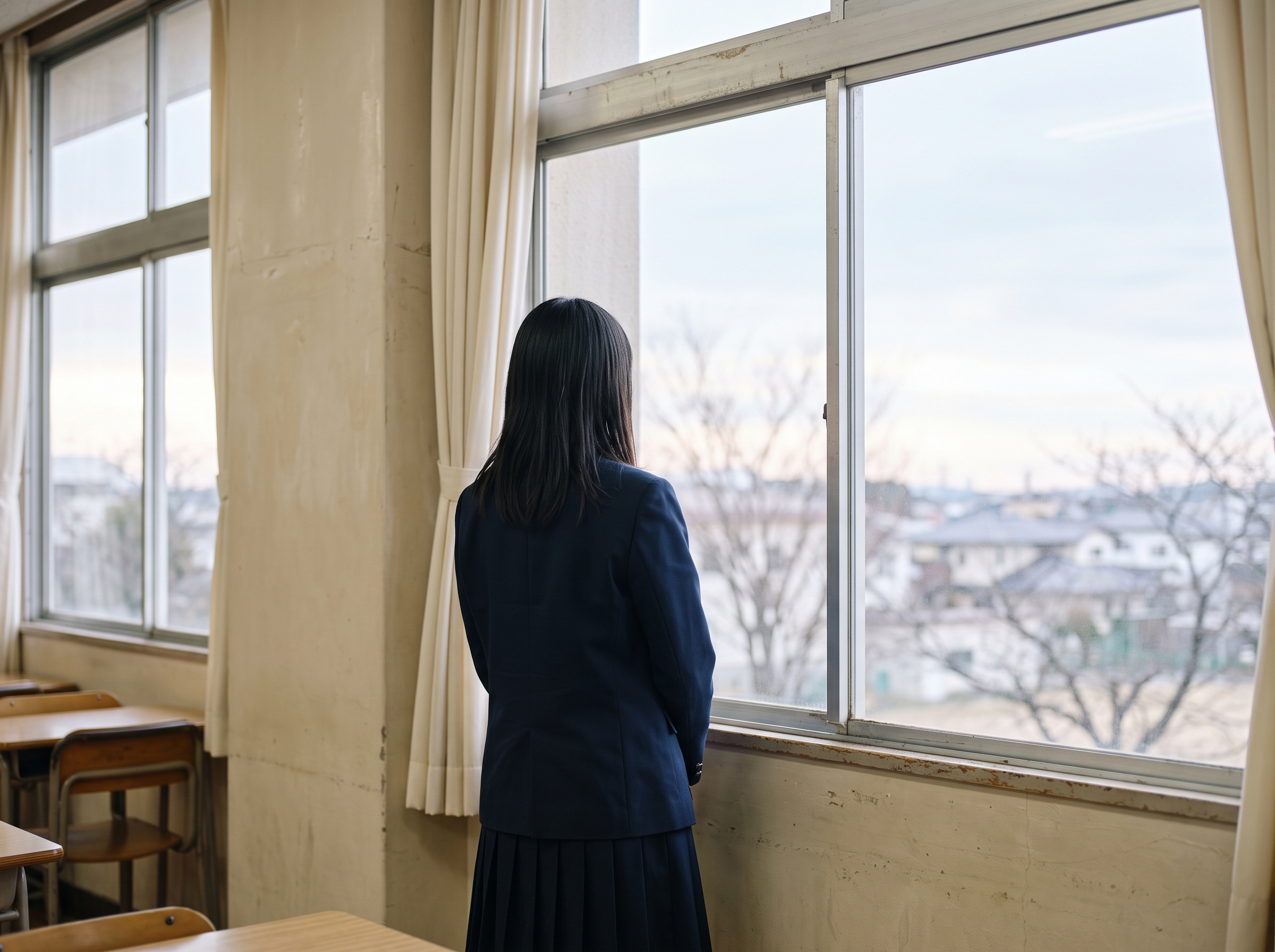 窓辺に立つ制服姿の学生さんの後ろ姿