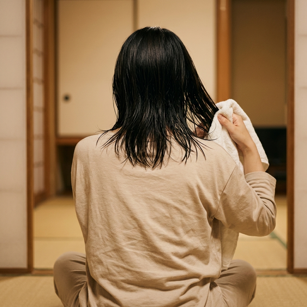 タオルで髪の水気をとる女性の後ろ姿