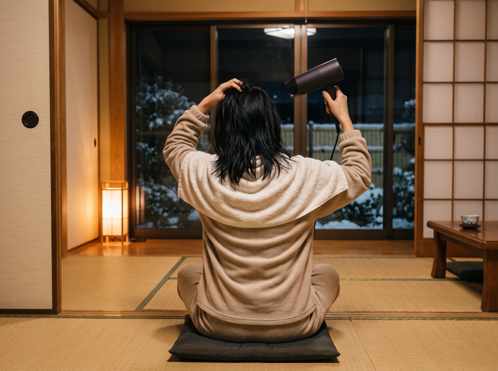 根元からドライヤーをあてる女性の後ろ姿